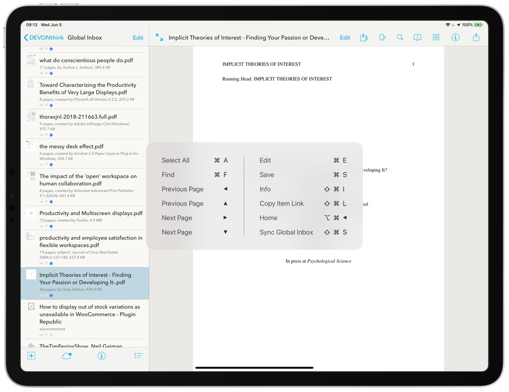 DEVONthink To Go keyboard shortcuts