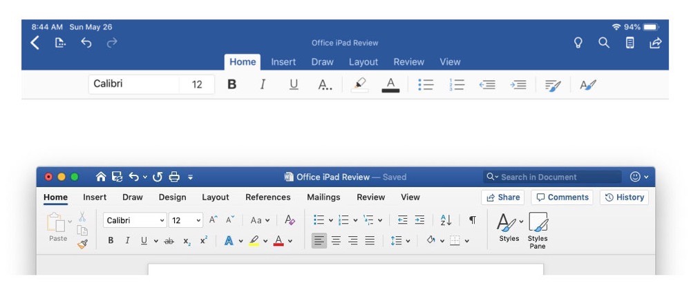 Differences between Word on macOS and iOS