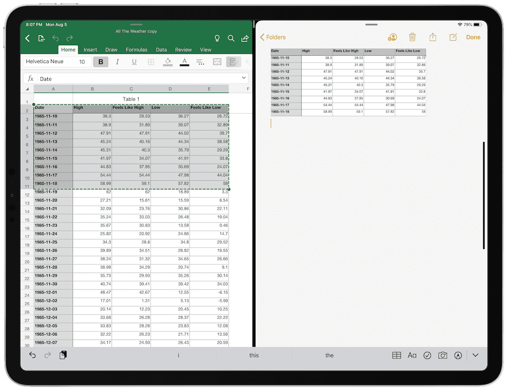 new line excel ipad