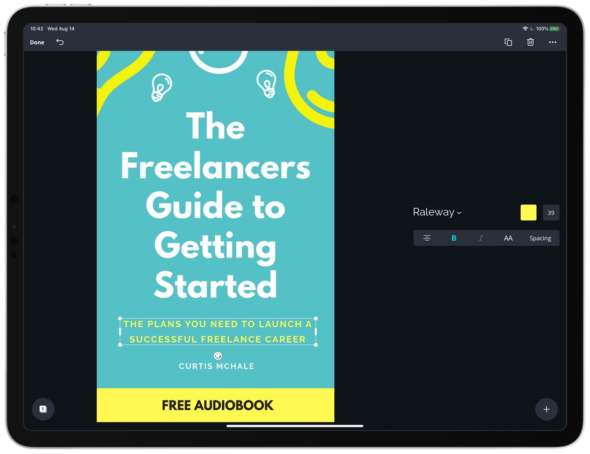  A book cover with a blue background and yellow text that reads 'The Freelancer's Guide to Getting Started' with a yellow button that reads 'Free Audiobook' below it.