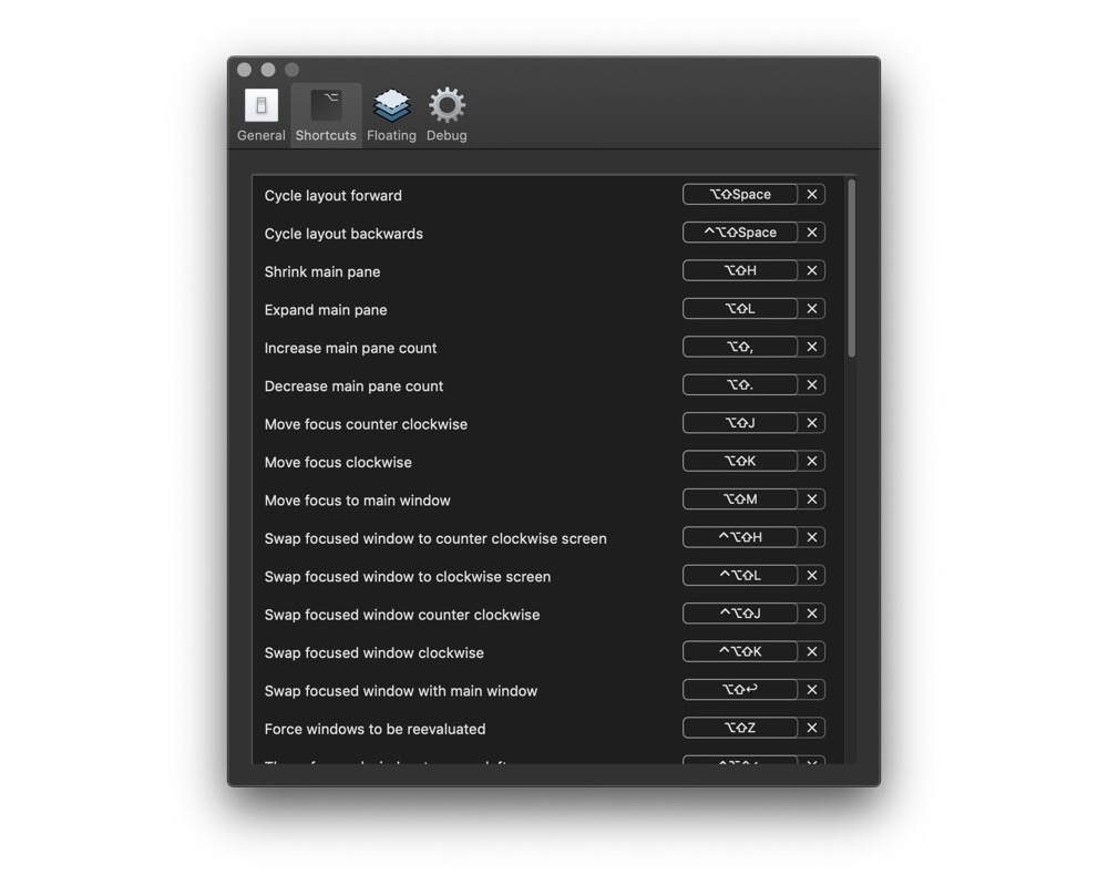 Amethyst Shortcuts settings