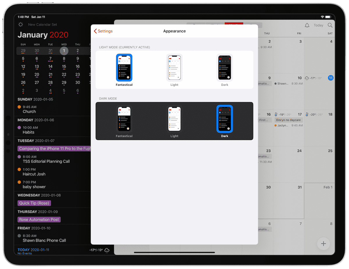 Fantastical appearance settings on iPad