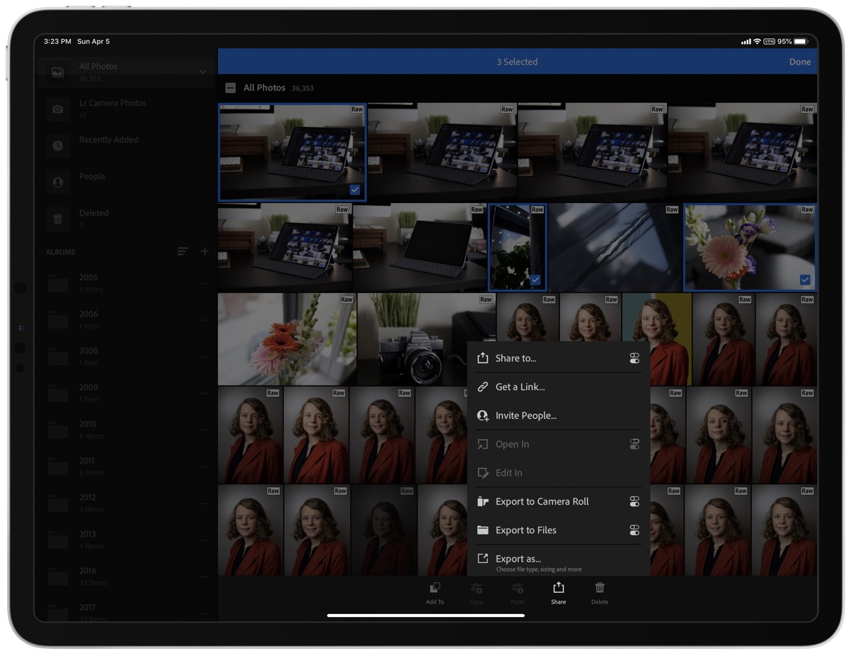 You can export photos one at a time, or select multiple ones and export them all in a batch.