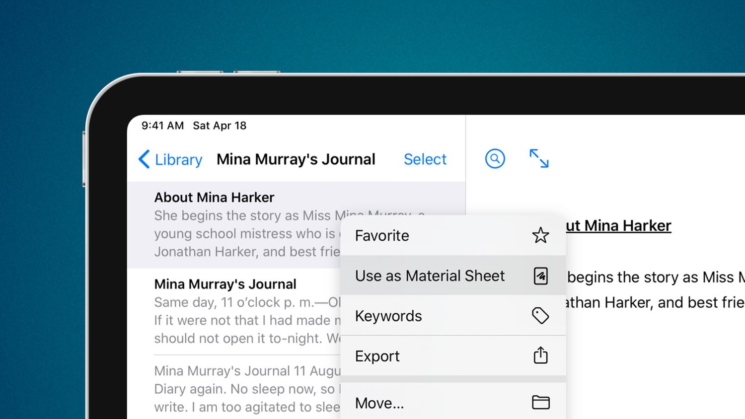 You can designate material sheets in Ulysses using the contextual menu