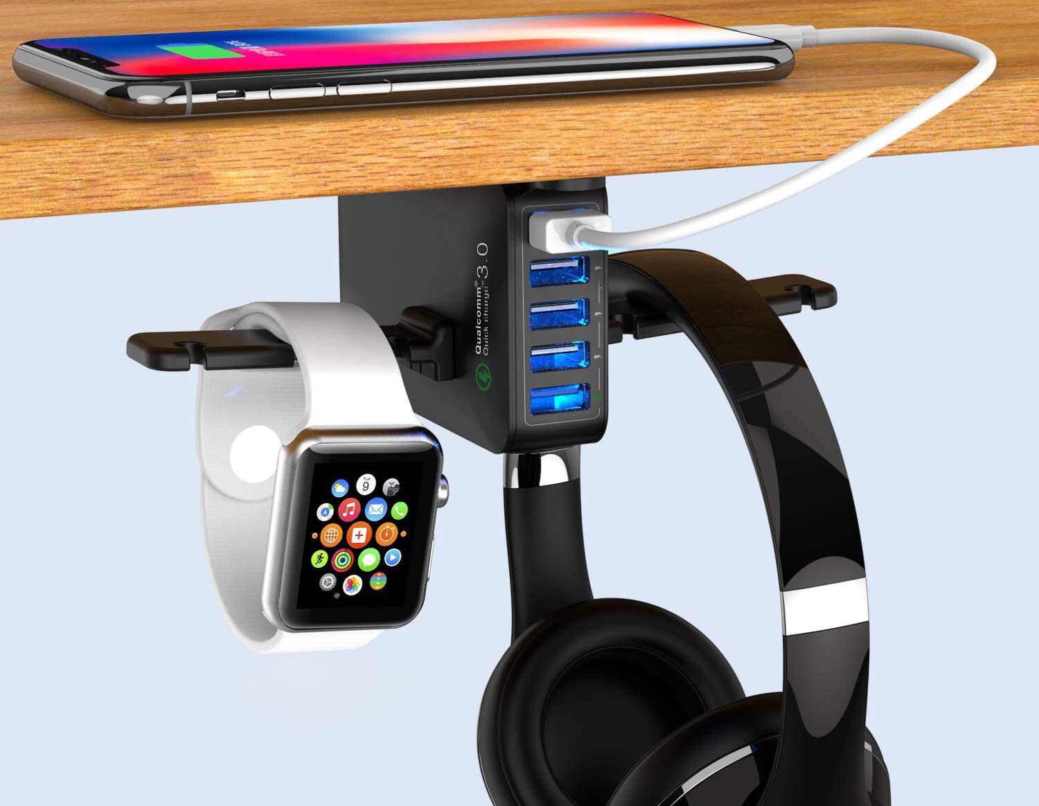 Yostyle Under-Desk Headphone + Apple Watch Stand with 5-Port USB Charger (QC 3.0)