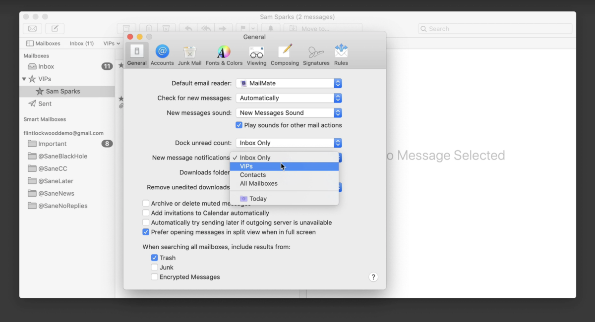 notifications for only one email account apple mail mac