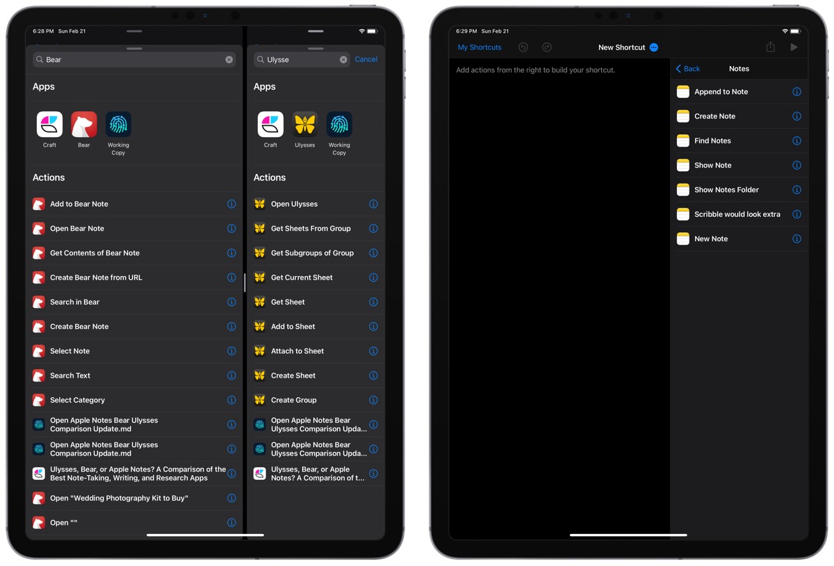 Apple Notes, Bear, and Ulysses side-by-side