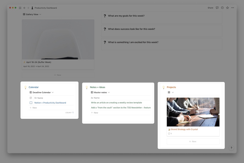 In Progress Section of Notion Dashboard with linked Databases