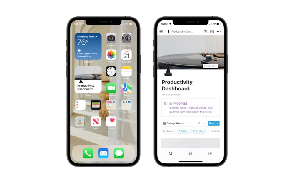 Side by Side View for iPhone Homescreen Widget and Notion