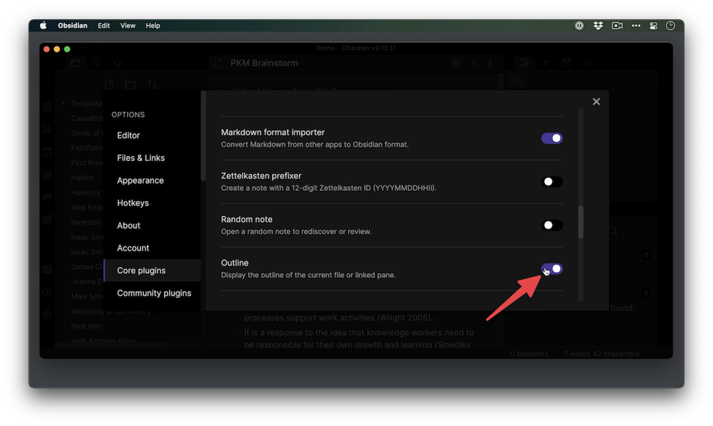 Obsidian Core Plugins Outline
