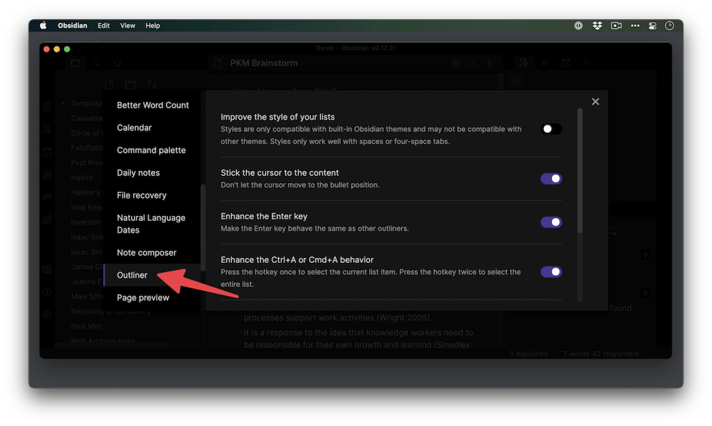 Outliner Sidebard Settings