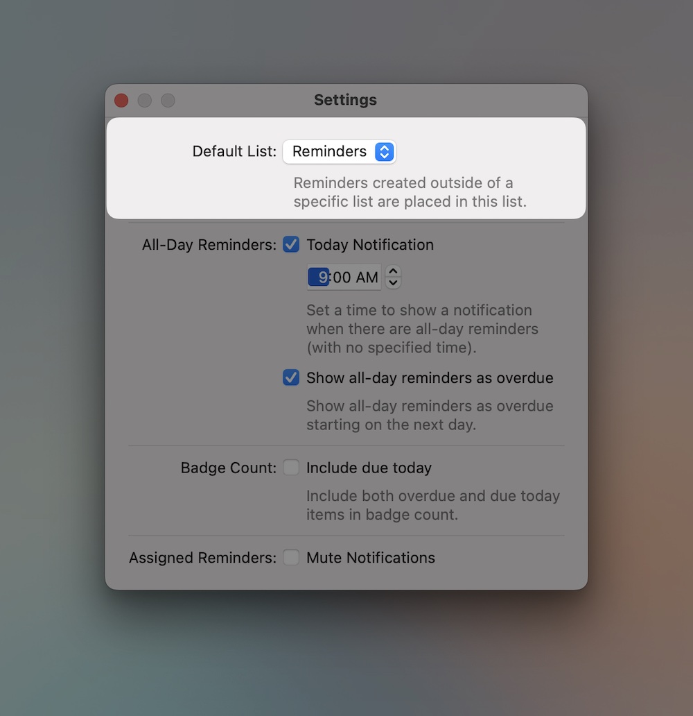 Apple Reminders App Default list