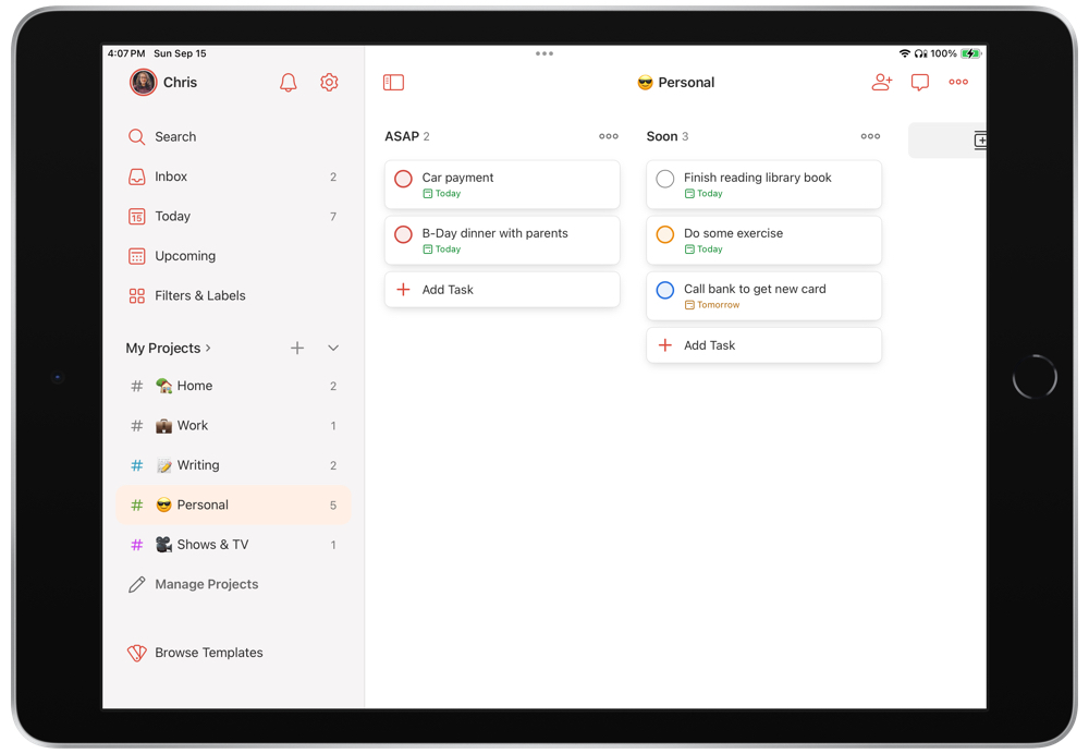 Todoist iPad Kanban Board View