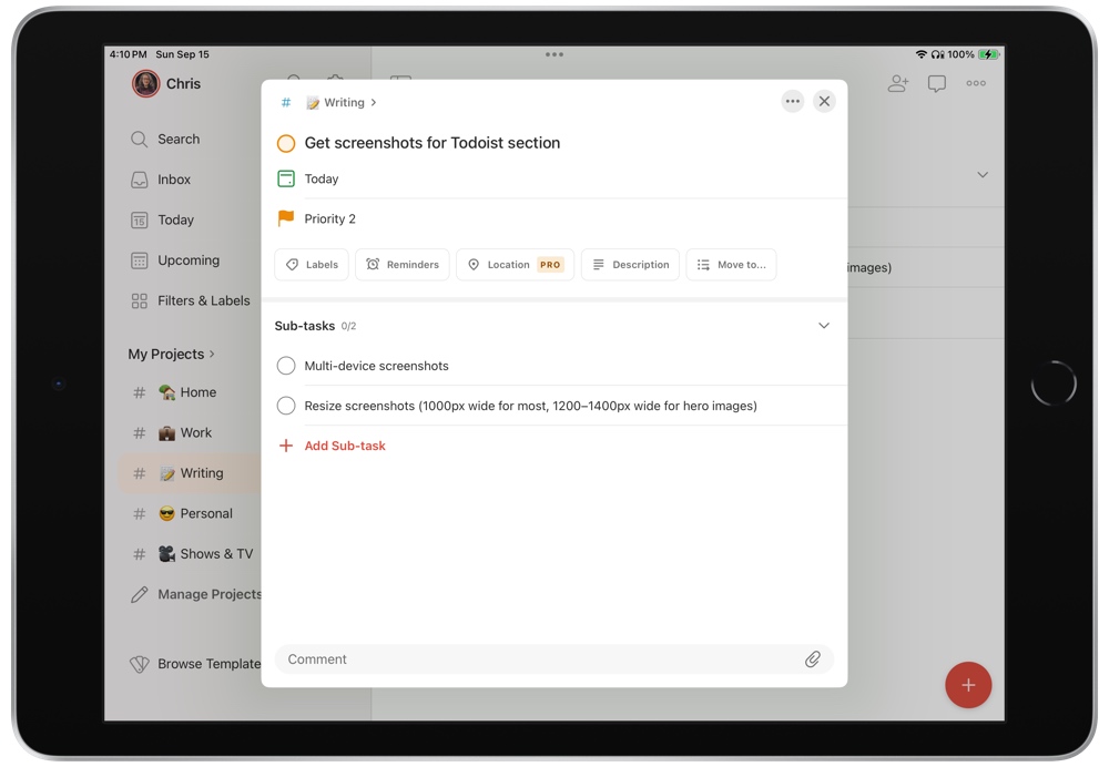 Todoist iPad Open Task